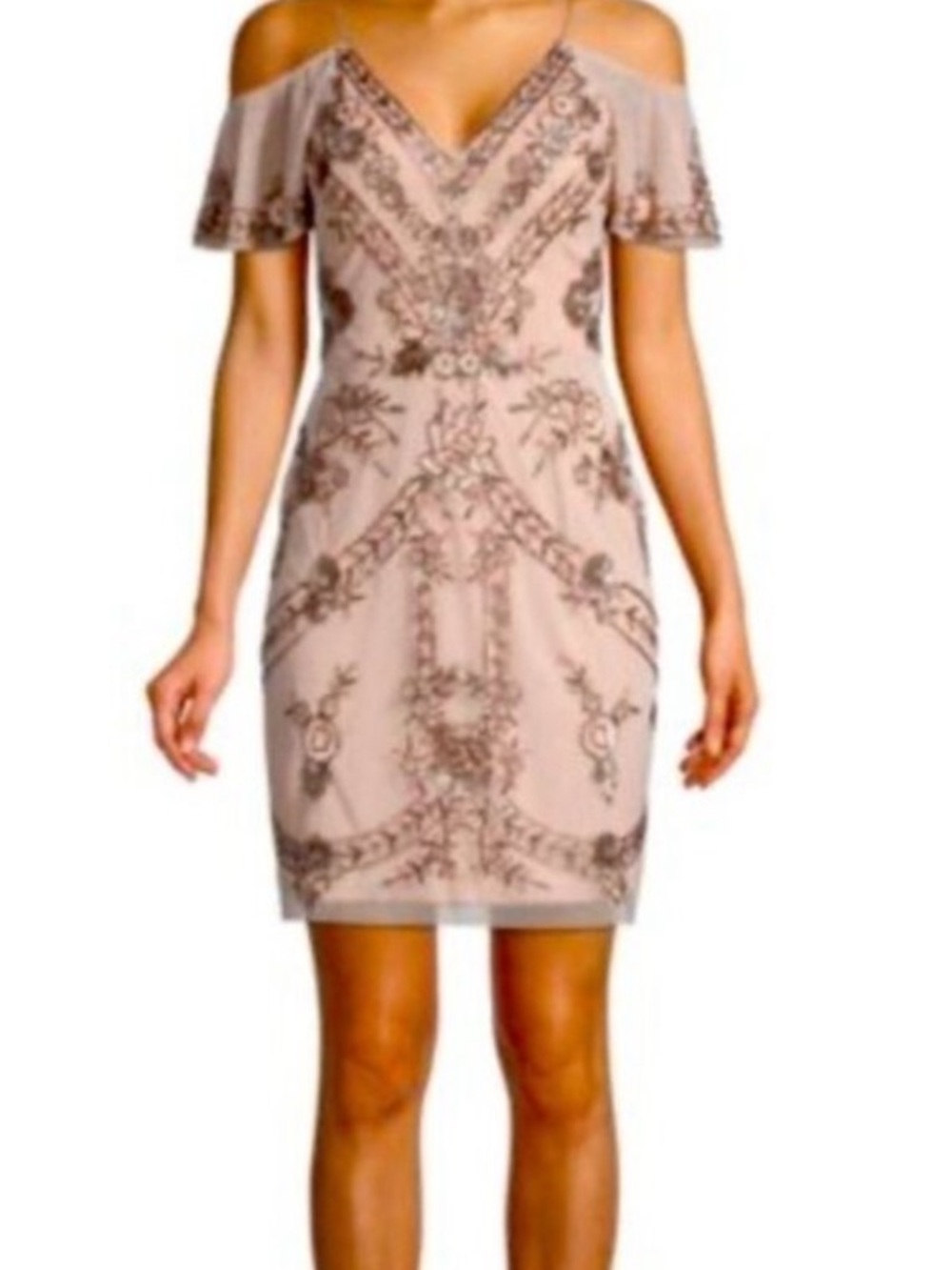 Aidan Mattox Blush One-Shoulder Embroidered Cocktail Dress